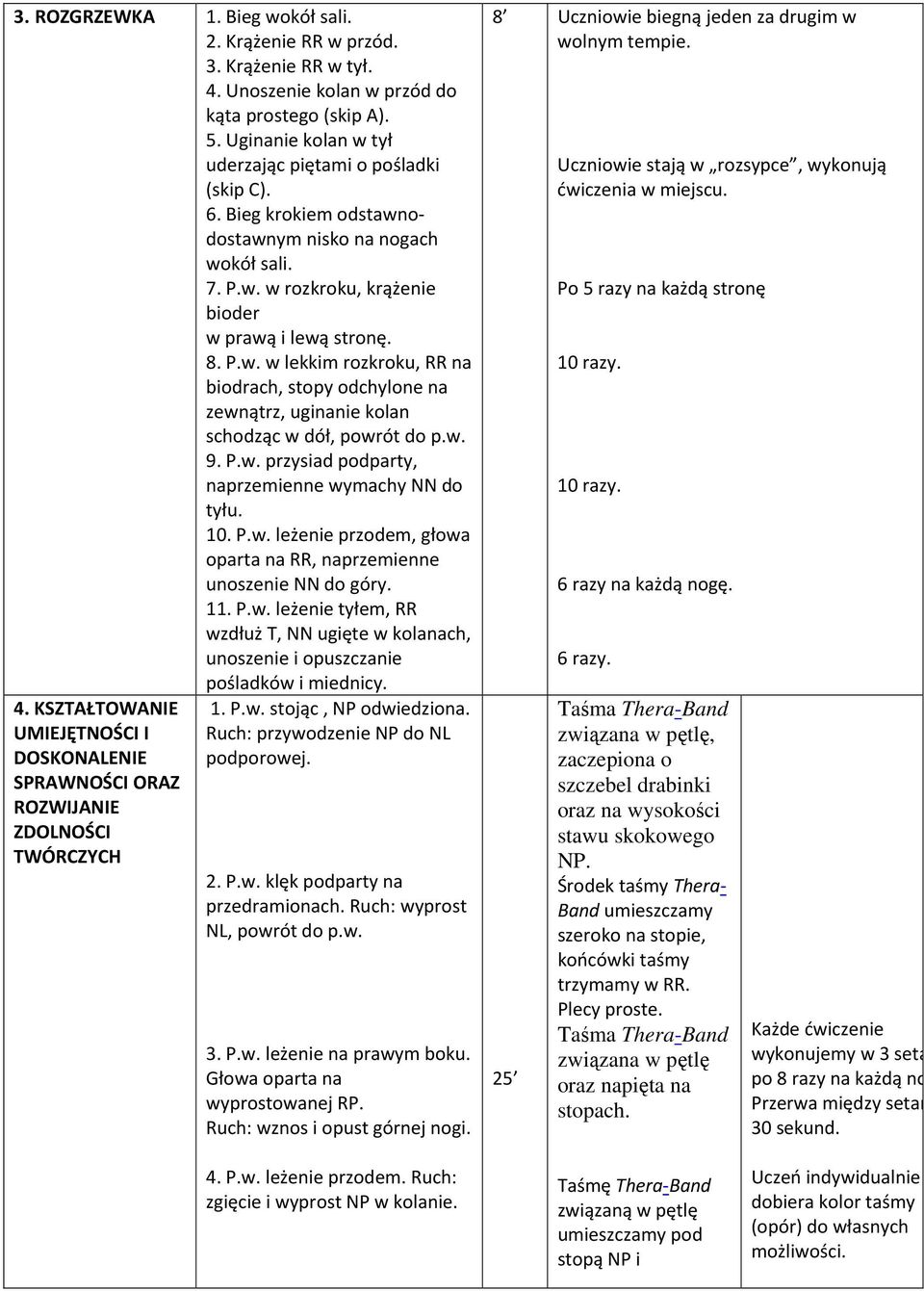 w. 9. P.w. przysiad podparty, naprzemienne wymachy NN do tyłu. 10. P.w. leżenie przodem, głowa oparta na RR, naprzemienne unoszenie NN do góry. 11. P.w. leżenie tyłem, RR wzdłuż T, NN ugięte w kolanach, unoszenie i opuszczanie pośladków i miednicy.