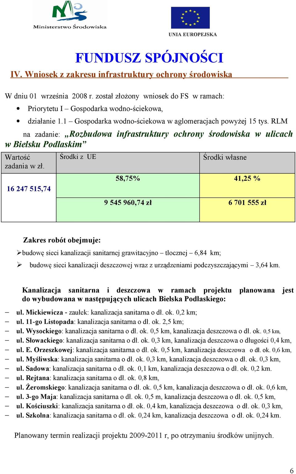 RLM na zadanie: Rozbudowa infrastruktury ochrony środowiska w ulicach w Bielsku Podlaskim 16 247 515,74 58,75% 41,25 % 9 545 960,74 zł 6 701 555 zł Zakres robót obejmuje: budowę sieci kanalizacji