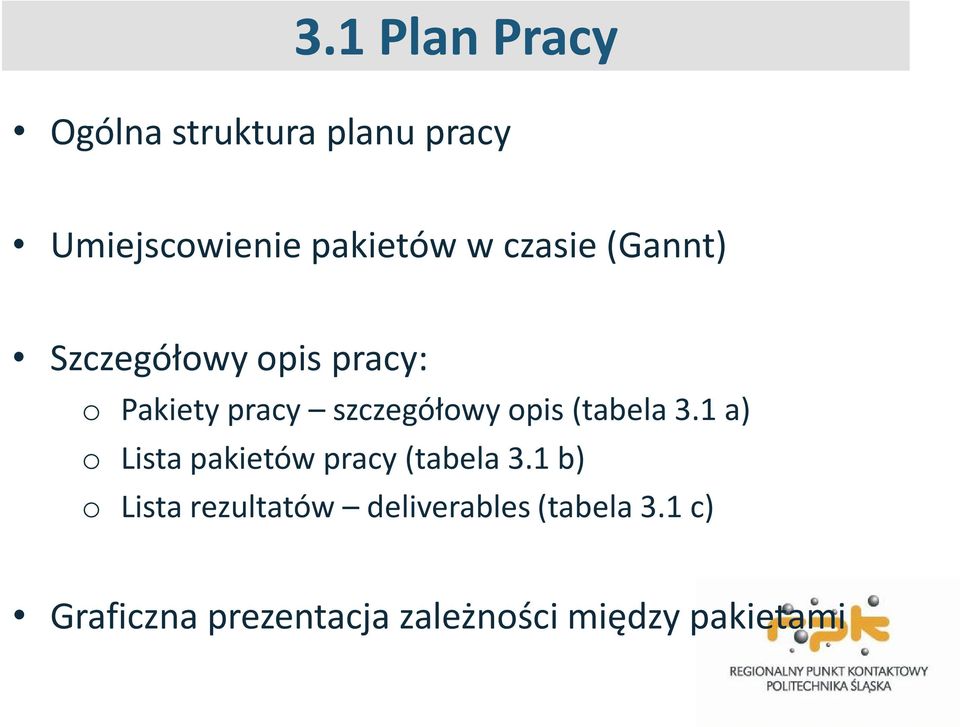 (tabela 3.1 a) o Lista pakietów pracy (tabela 3.