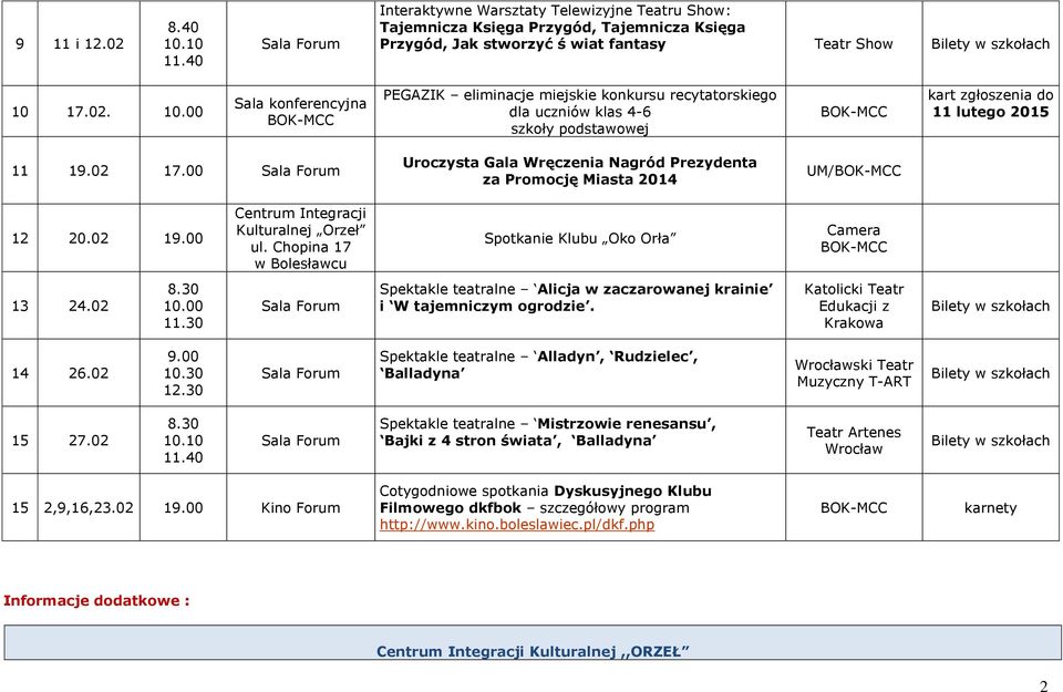 30 Spektakle teatralne Alicja w zaczarowanej krainie i W tajemniczym ogrodzie. Katolicki Teatr Edukacji z Krakowa Bilety w szkołach 14 26.02 9.00 10.30 12.