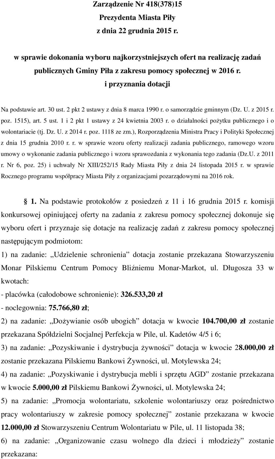 2 pkt 2 ustawy z dnia 8 marca 1990 r. o samorządzie gminnym (Dz. U. z 2015 r. poz. 1515), art. 5 ust. 1 i 2 pkt 1 ustawy z 24 kwietnia 2003 r. o działalności pożytku publicznego i o wolontariacie (tj.