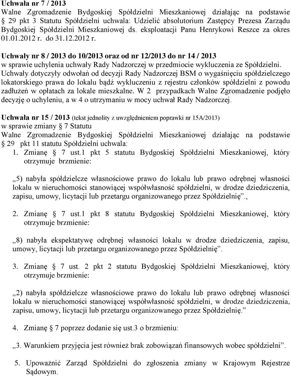 Uchwały dotyczyły odwołań od decyzji Rady Nadzorczej BSM o wygaśnięciu spółdzielczego lokatorskiego prawa do lokalu bądź wykluczeniu z rejestru członków spółdzielni z powodu zadłużeń w opłatach za