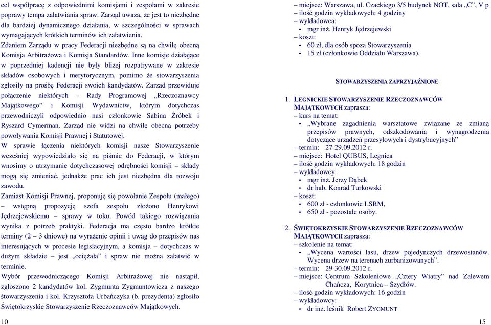Zdaniem Zarządu w pracy Federacji niezbędne są na chwilę obecną Komisja Arbitrażowa i Komisja Standardów.