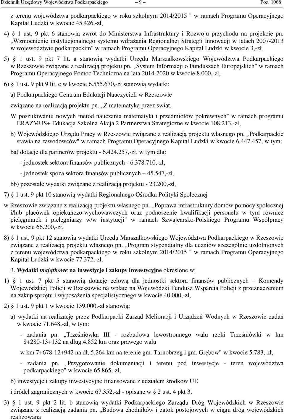 Wzmocnienie instytucjonalnego systemu wdrażania Regionalnej Strategii Innowacji w latach 2007-2013 w województwie podkarpackim" w ramach Programu Operacyjnego Kapitał Ludzki w kwocie 3,-zł, 5) 1 ust.