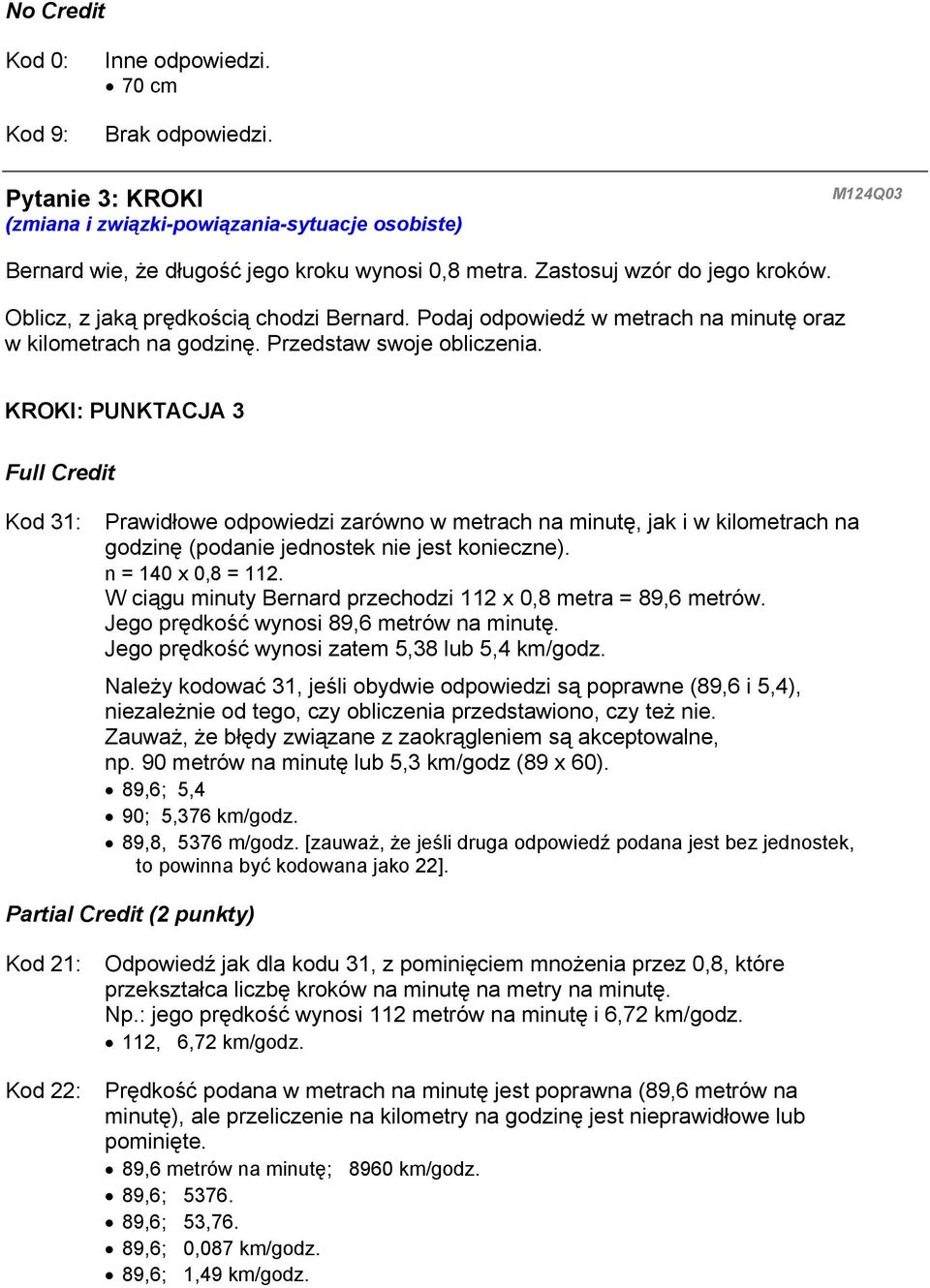 KROKI: PUNKTACJA 3 Full Credit Kod 31: Prawidłowe odpowiedzi zarówno w metrach na minutę, jak i w kilometrach na godzinę (podanie jednostek nie jest konieczne). n = 140 x 0,8 = 112.