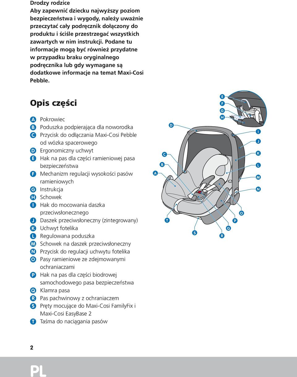 Opis części E F G A B C D E F G H I J K L M N O P Q R S T Pokrowiec Poduszka podpierająca dla noworodka Przycisk do odłączania Maxi-Cosi Pebble od wózka spacerowego Ergonomiczny uchwyt Hak na pas dla