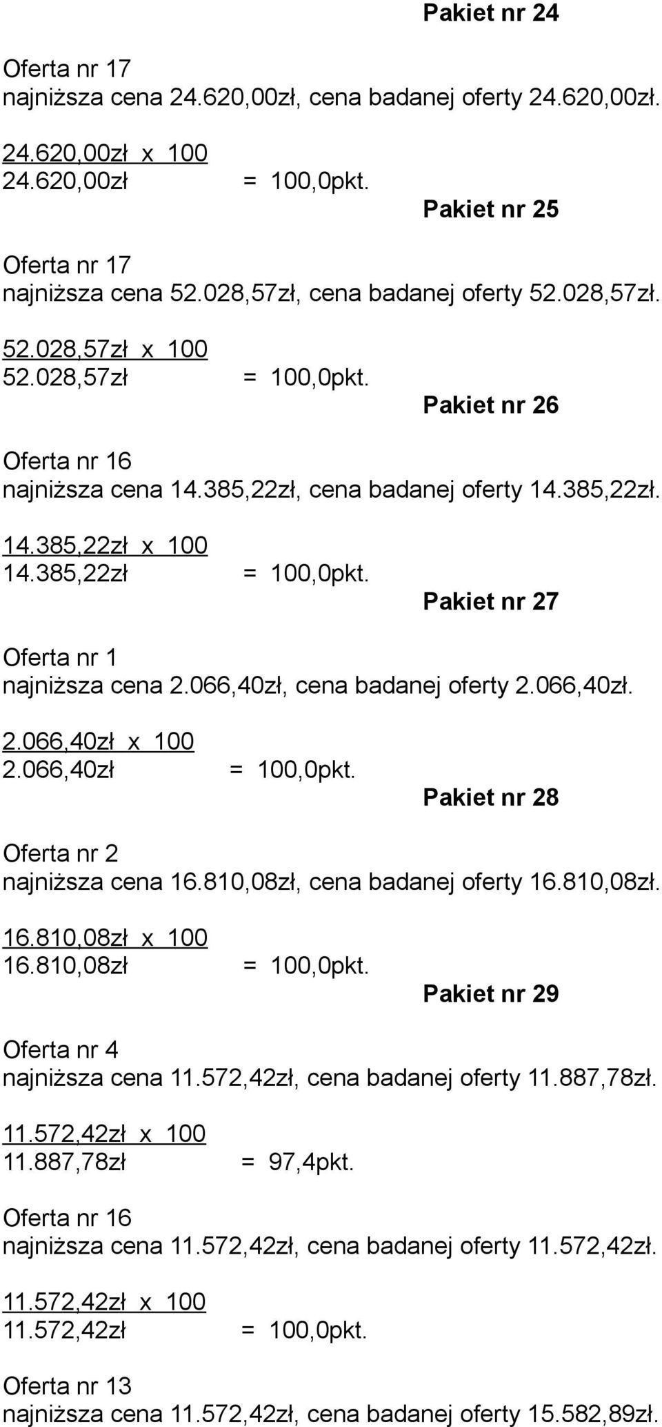 066,40zł. 2.066,40zł x 100 2.066,40zł Pakiet nr 28 Oferta nr 2 najniższa cena.810,08zł, cena badanej oferty.810,08zł..810,08zł x 100.810,08zł Pakiet nr 29 Oferta nr 4 najniższa cena 11.