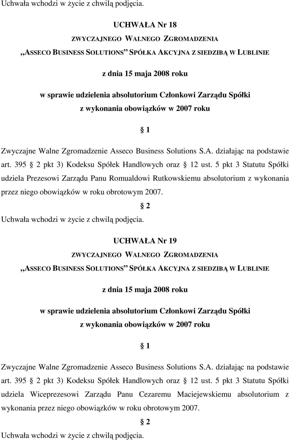 w roku obrotowym 2007. UCHWAŁA Nr 19 z wykonania obowiązków w 2007 roku art. 395 pkt 3) Kodeksu Spółek Handlowych oraz 2 ust.