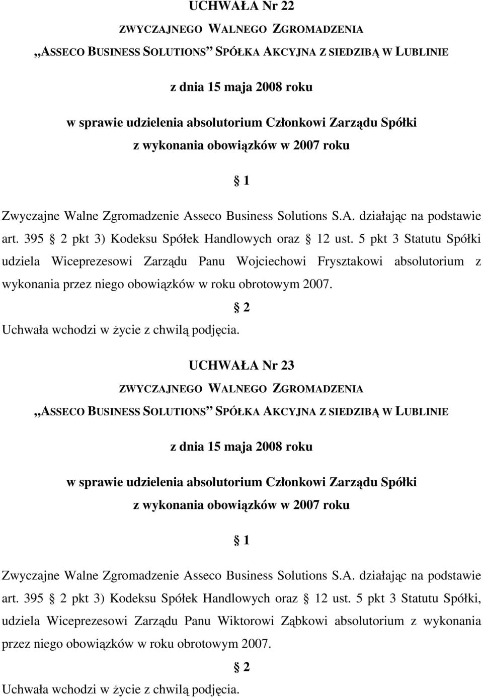 obowiązków w roku obrotowym 2007. UCHWAŁA Nr 23 z wykonania obowiązków w 2007 roku art.