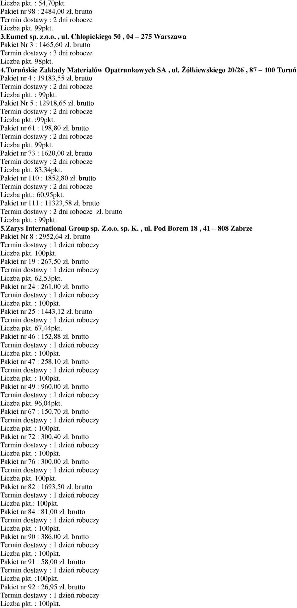 Pakiet nr 110 : 1852,80 zł. brutto Liczba pkt.: 60,95pkt. Pakiet nr 111 : 11323,58 zł. brutto zł. brutto 5.Zarys International Group sp. Z.o.o. sp. K., ul.