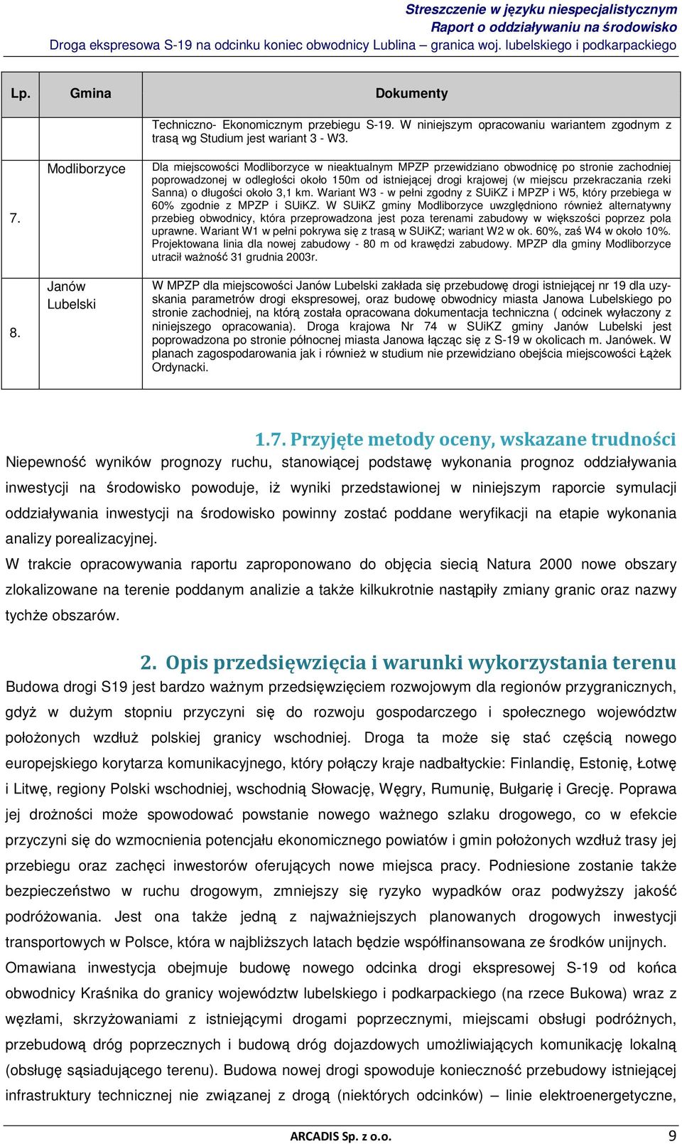 miejscu przekraczania rzeki Sanna) o długości około 3,1 km. Wariant W3 - w pełni zgodny z SUiKZ i MPZP i W5, który przebiega w 60% zgodnie z MPZP i SUiKZ.