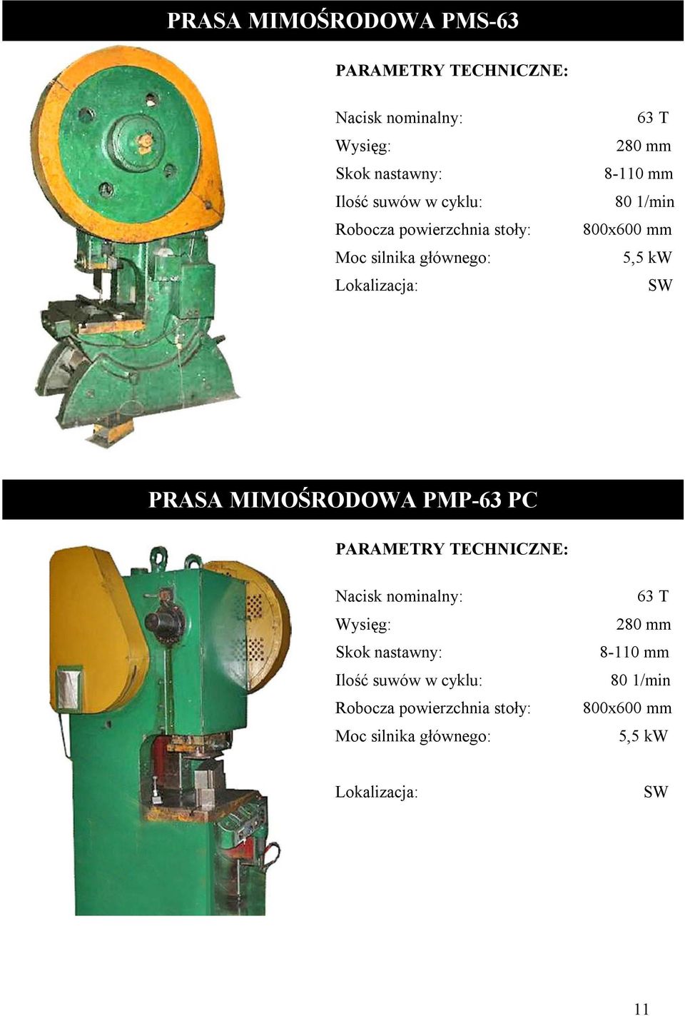 .....SW PRASA MIMOŚRODOWA PMP-63 PC Nacisk nominalny:.........63 T Wysięg:.......280 mm Skok nastawny:.