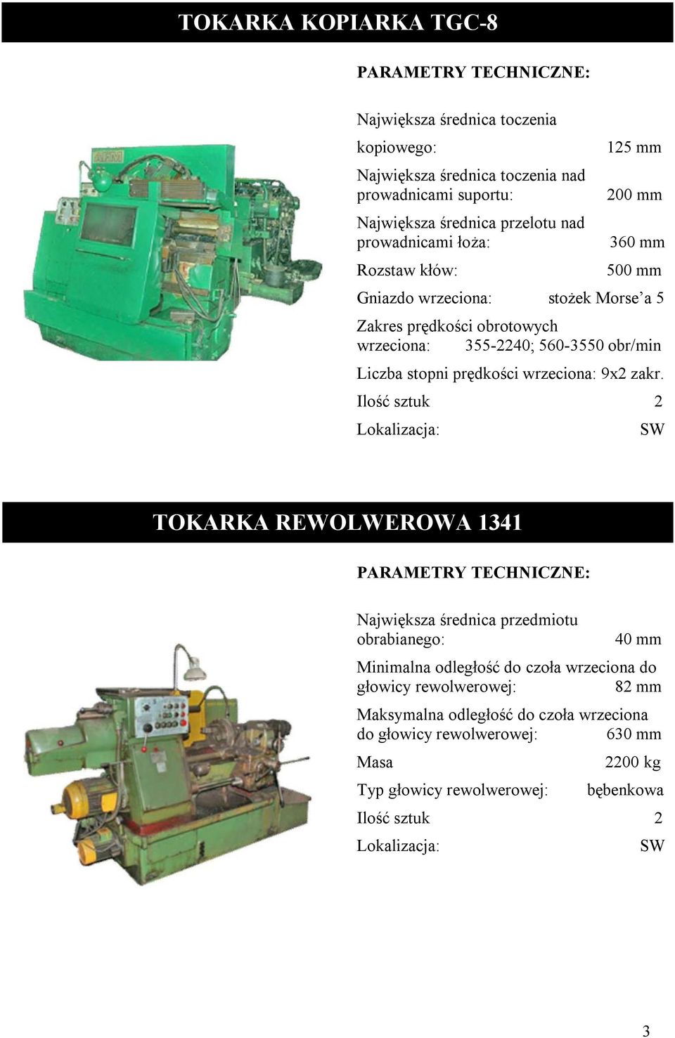 ..355-2240; 560-3550 obr/min Liczba stopni prędkości wrzeciona: 9x2 zakr. Ilość sztuk 2 TOKARKA REWOLWEROWA 1341 Największa średnica przedmiotu obrabianego:.