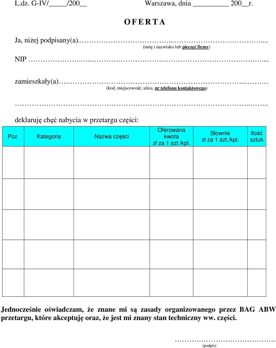 Kategoria Nazwa części Oferowana kwota zł za 1 szt./kpl.