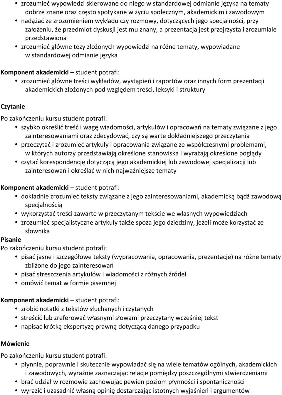 różne tematy, wypowiadane w standardowej odmianie języka Komponent akademicki student potrafi: zrozumieć główne treści wykładów, wystąpień i raportów oraz innych form prezentacji akademickich