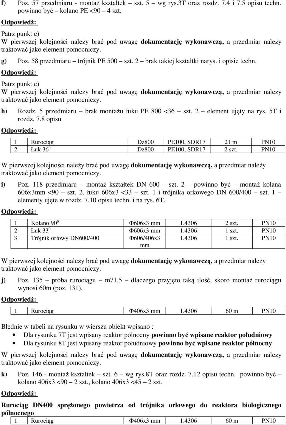 8 opisu 1 Rurociąg Dz800 PE100, SDR17 21 m PN10 2 Łuk 36 0 Dz800 PE100, SDR17 2 szt. PN10 i) Poz. 118 przedmiaru montaż kształtek DN 600 szt. 2 powinno być montaż kolana 606x3mm <90 szt.