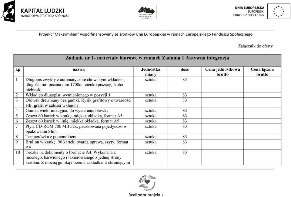 1700m, cienko piszący, kolor niebieski 2 Wkład do długopisu wymienionego w pozycji 1 sztuka 83 3 Ołówek drewniany bez gumki.