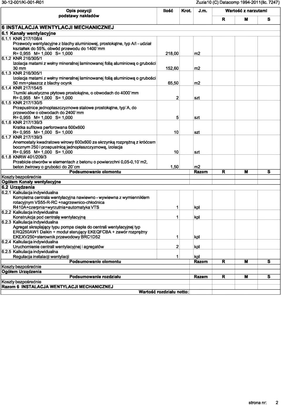 1.3 KNR 216/305/1 Izolacja matami z wełny mineralnej laminowanej folią aluminiową o grubości 50 mm+płaszcz z blachy ocynk 65,50 m2 6.1.4 KNR 217/154/5 Tłumiki akustyczne płytowe prostokątne, o obwodach do 4000'mm R= 0,955 M= 1,000 S= 1,000 2 szt 6.