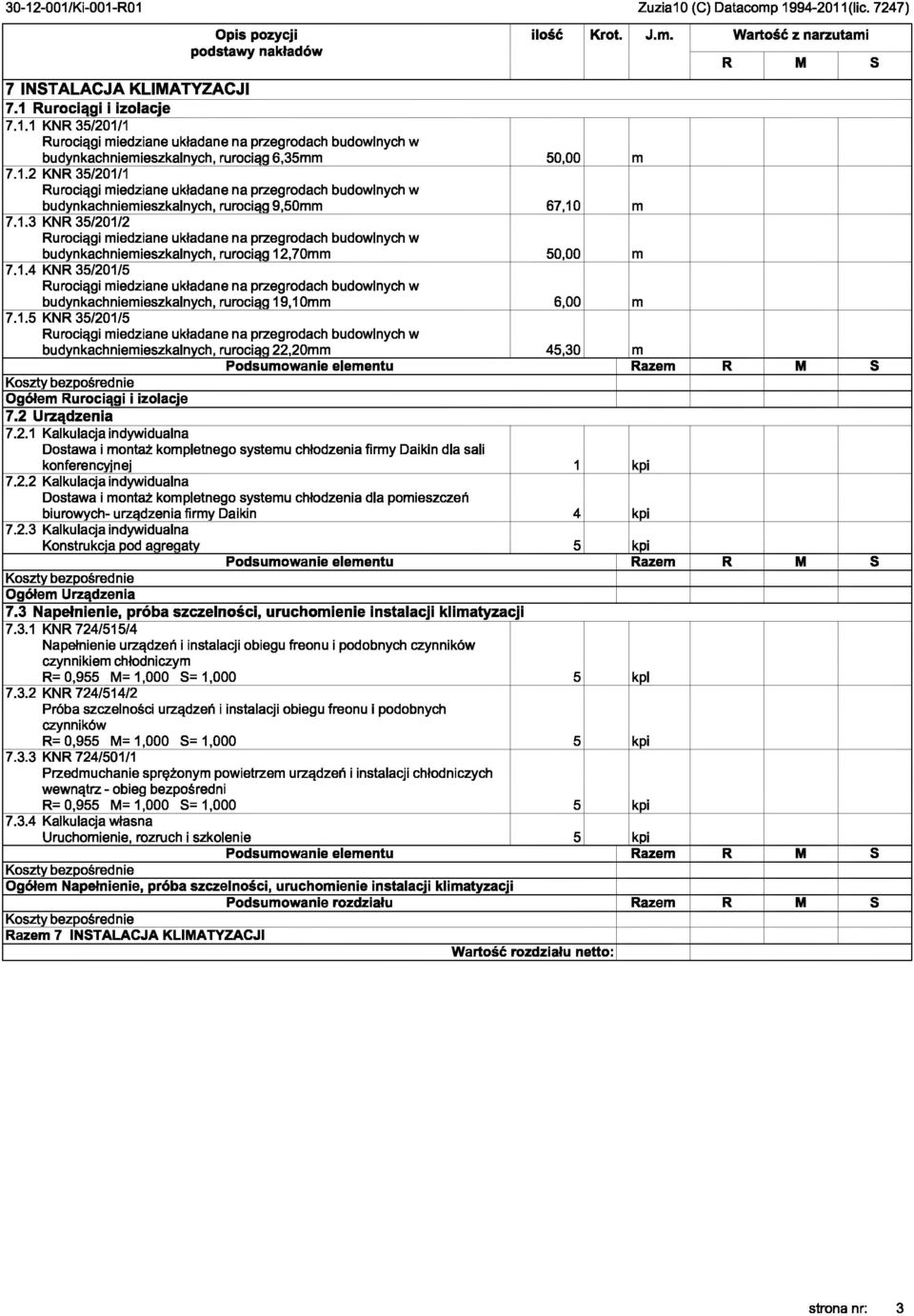 2 Urządzenia 7.2.1 Kalkulacja indywidualna Dostawa i montaż kompletnego systemu chłodzenia firmy Daikin dla sali konferencyjnej 1 kpi 7.2.2 Kalkulacja indywidualna Dostawa i montaż kompletnego systemu chłodzenia dla pomieszczeń biurowych- urządzenia firmy Daikin 4 kpi 7.