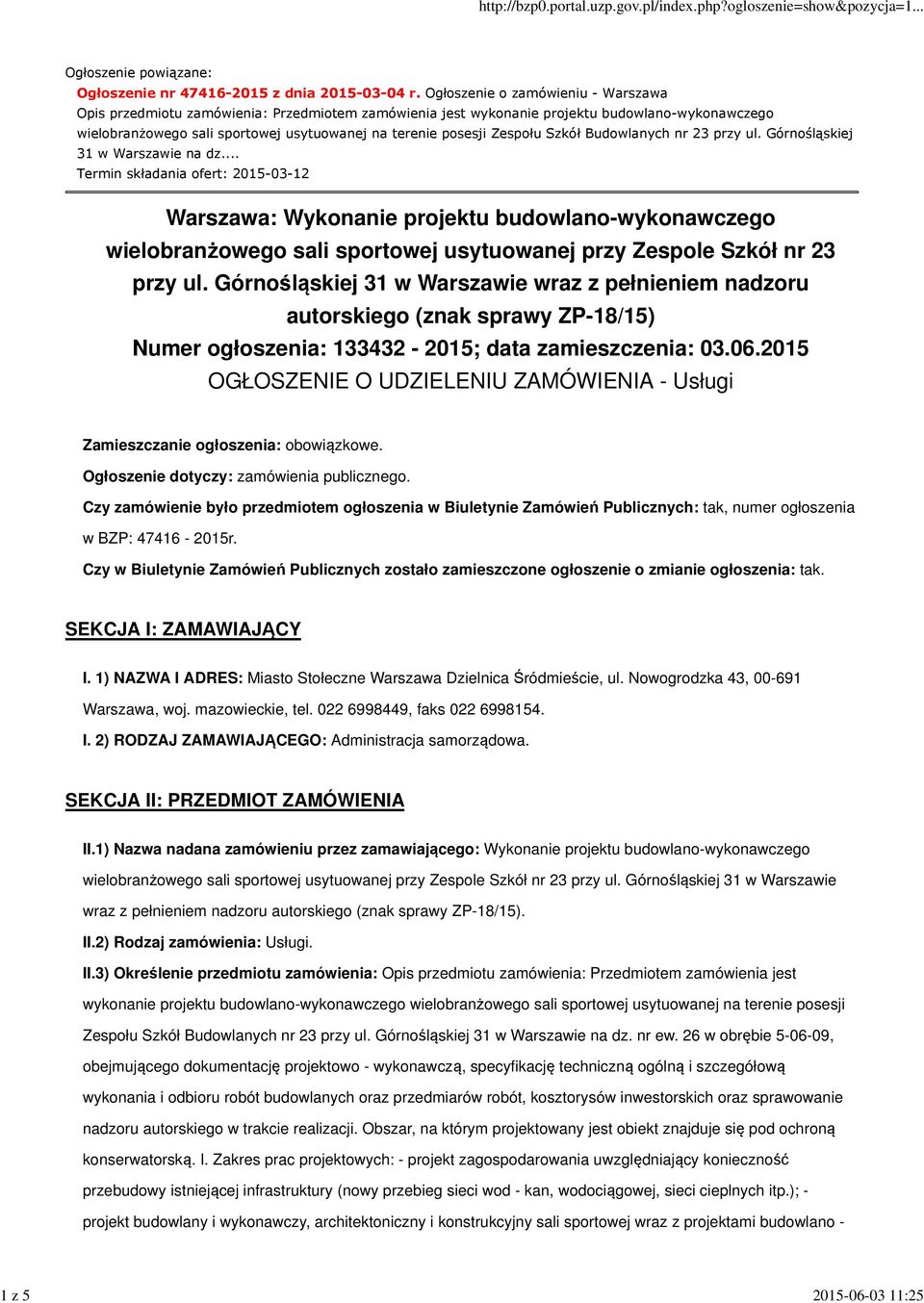 Zespołu Szkół Budowlanych nr 23 przy ul. Górnośląskiej 31 w Warszawie na dz.