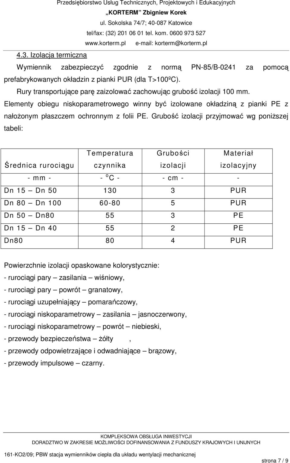 Grubość izolacji przyjmować wg poniŝszej tabeli: Średnica rurociągu Temperatura czynnika Grubości izolacji Materiał izolacyjny - mm - - o C - - cm - - Dn 15 Dn 50 130 3 PUR Dn 80 Dn 100 60-80 5 PUR