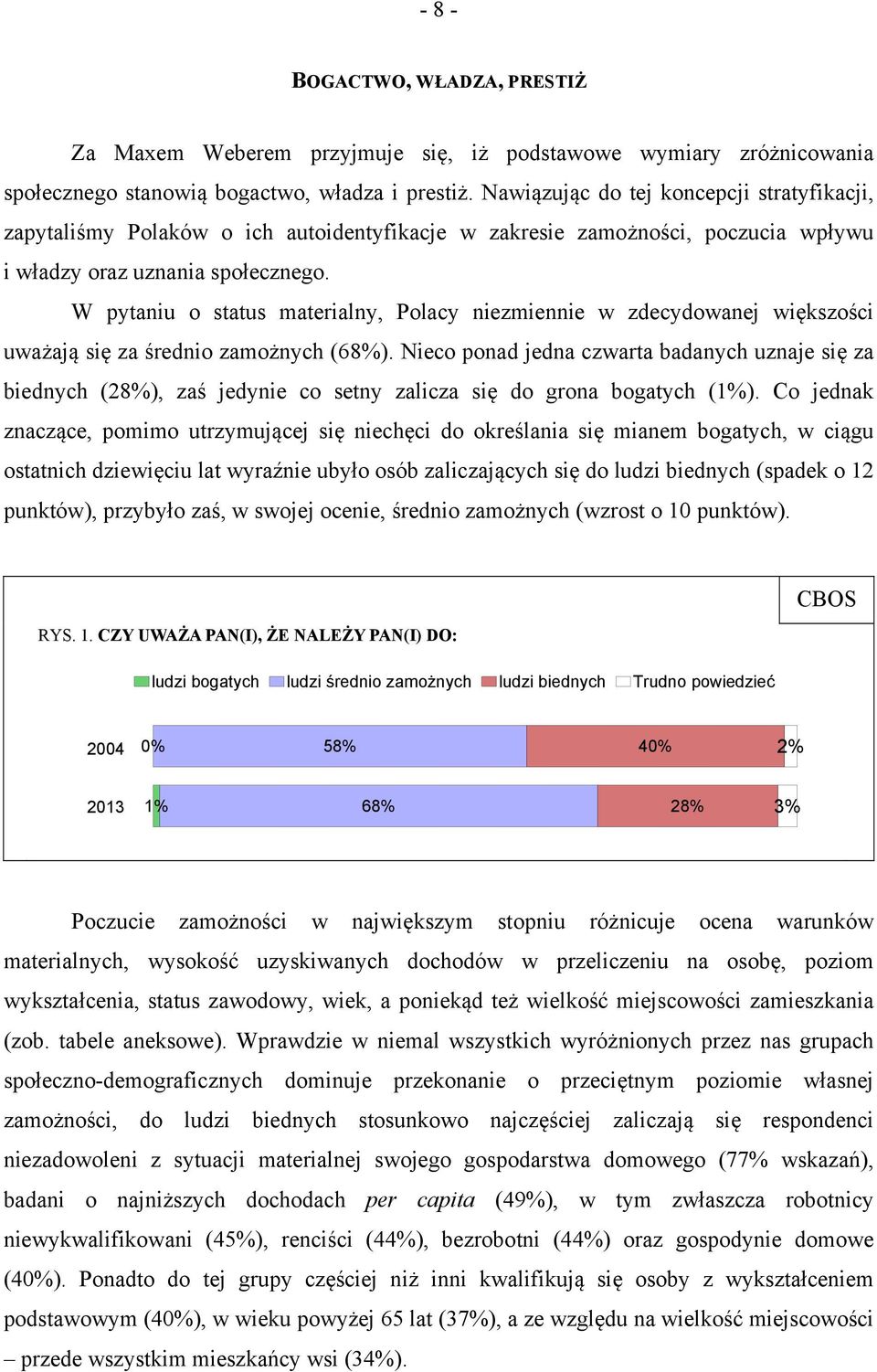 W pytaniu o status materialny, Polacy niezmiennie w zdecydowanej większości uważają się za średnio zamożnych (68%).