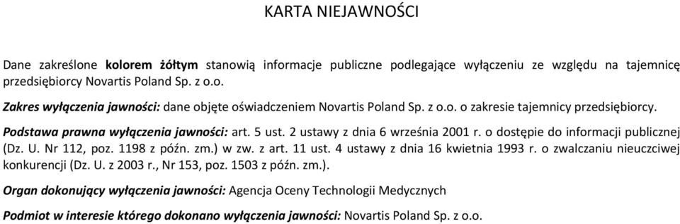 1198 z późn. zm.) w zw. z art. 11 ust. 4 ustawy z dnia 16 kwietnia 1993 r. o zwalczaniu nieuczciwej konkurencji (Dz. U. z 2003 r., Nr 153, poz. 1503 z późn. zm.). Organ dokonujący wyłączenia jawności: Agencja Oceny Technologii Medycznych Podmiot w interesie którego dokonano wyłączenia jawności: Novartis Poland Sp.