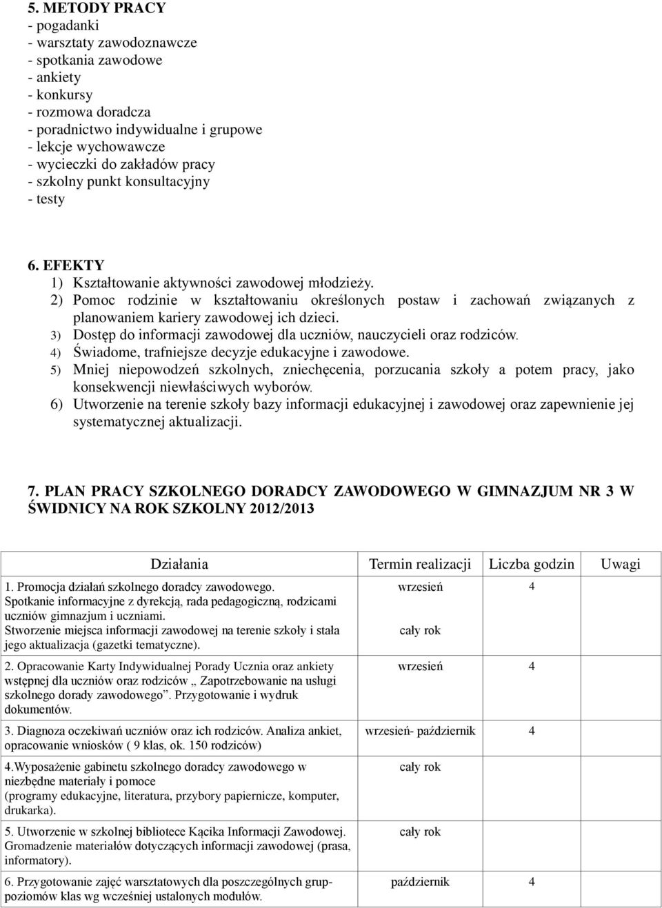 2) Pomoc rodzinie w kształtowaniu określonych postaw i zachowań związanych z planowaniem kariery zawodowej ich dzieci. 3) Dostęp do informacji zawodowej dla uczniów, nauczycieli oraz rodziców.