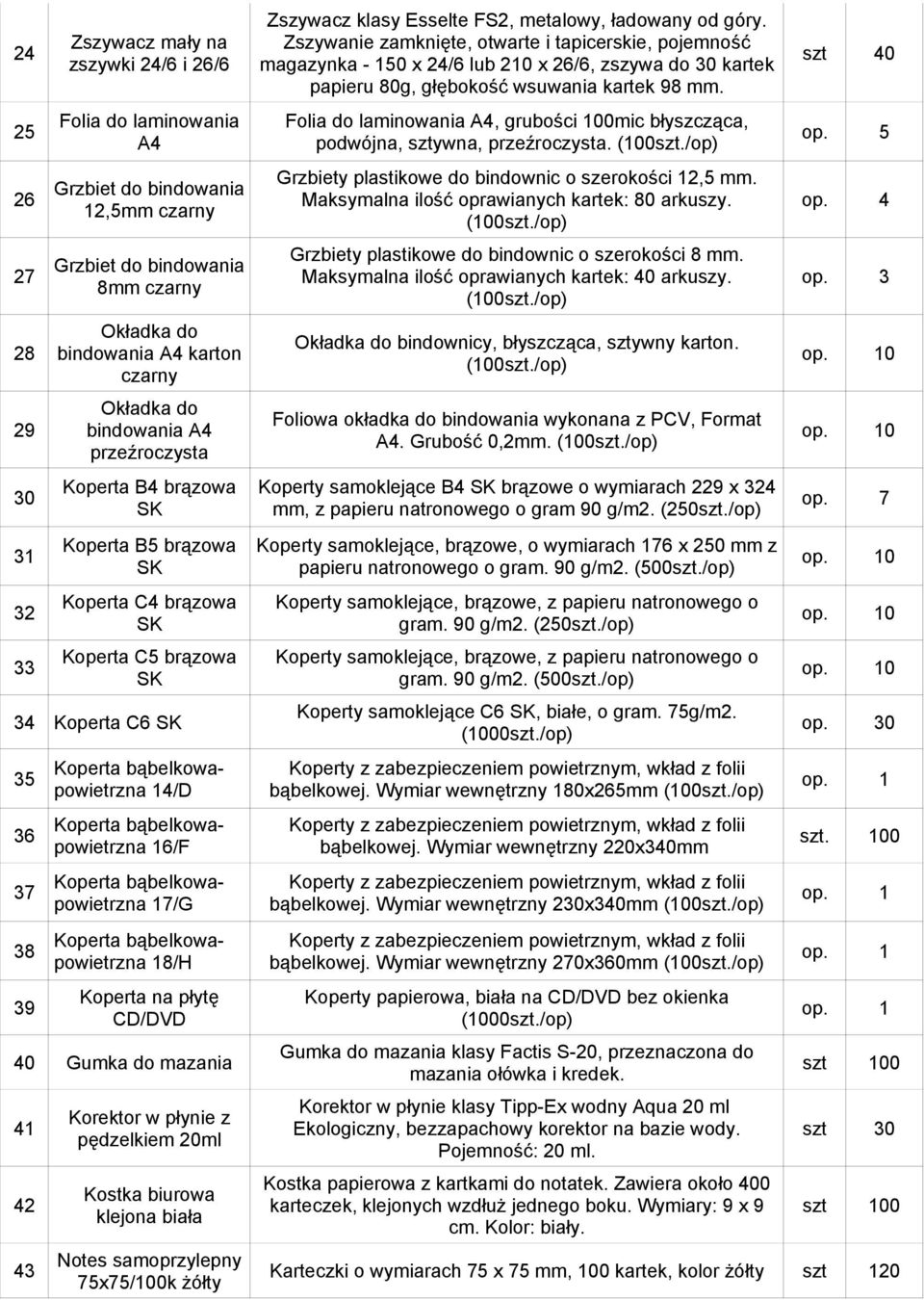 16/F Koperta bąbelkowapowietrzna 17/G Koperta bąbelkowapowietrzna 18/H Koperta na płytę CD/DVD 40 Gumka do mazania 41 42 43 Korektor w płynie z pędzelkiem 20ml Kostka biurowa klejona biała Notes