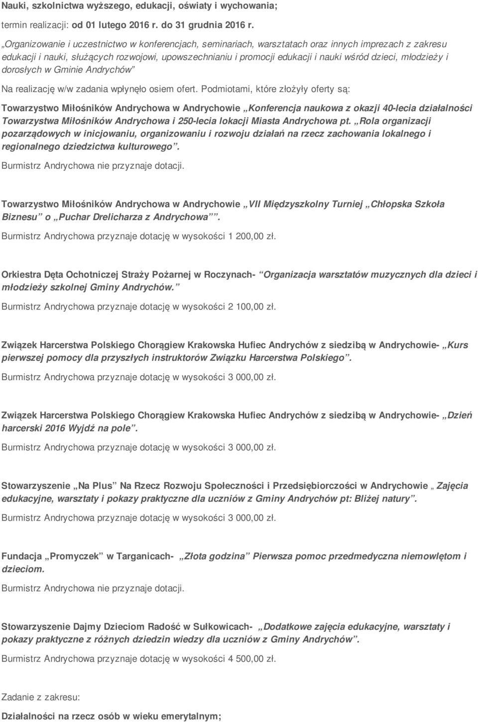 Podmiotami, które złożyły oferty są: Towarzystwo Miłośników Andrychowa w Andrychowie Konferencja naukowa z okazji 40-lecia działalności Towarzystwa Miłośników Andrychowa i 250-lecia lokacji Miasta