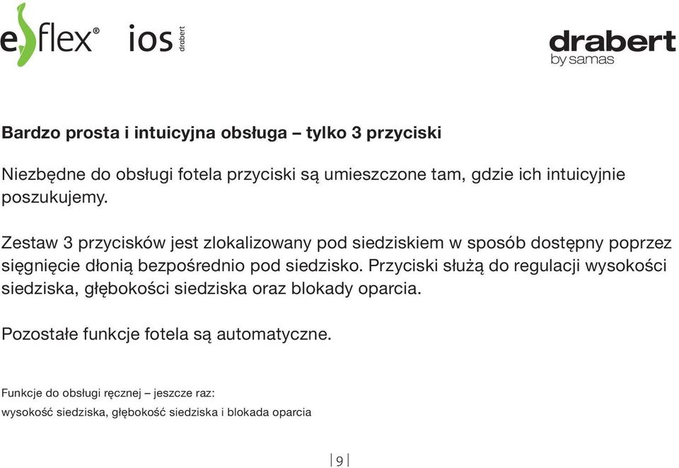 Zestaw 3 przycisków jest zlokalizowany pod siedziskiem w sposób dostępny poprzez sięgnięcie dłonią bezpośrednio pod siedzisko.