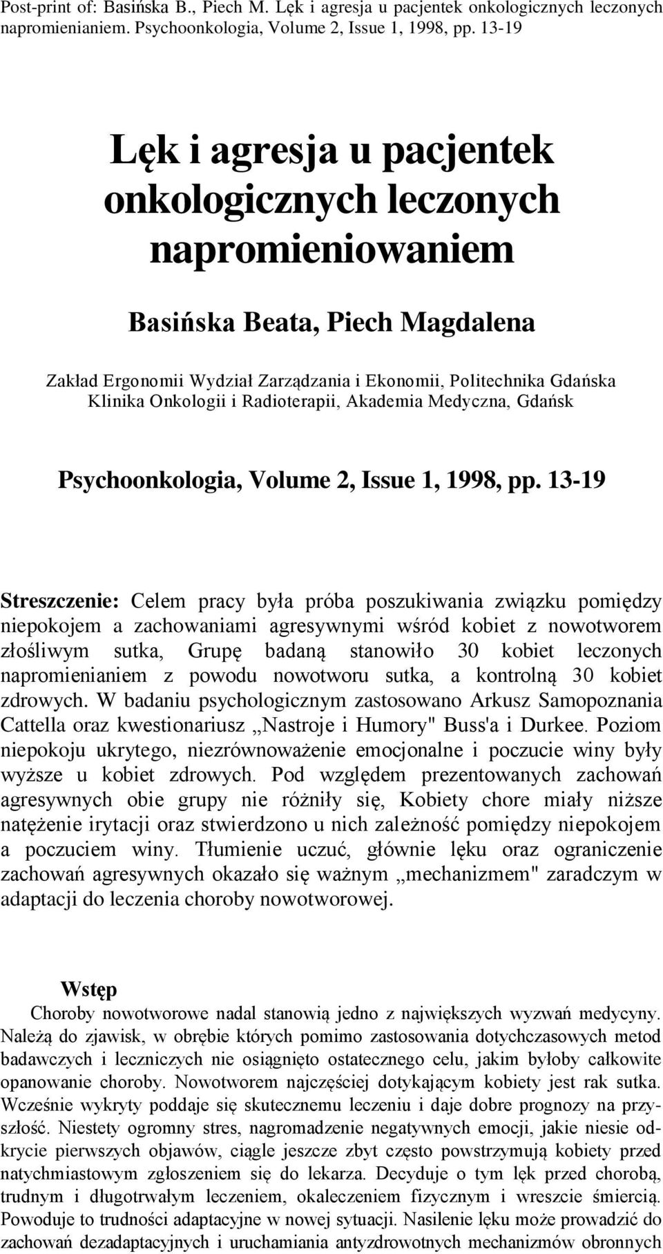 Radioterapii, Akademia Medyczna, Gdańsk Psychoonkologia, Volume 2, Issue 1, 1998, pp.