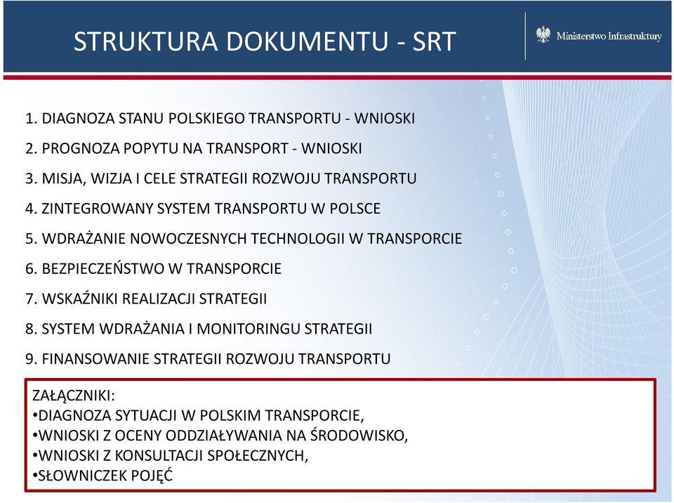 WDRAŻANIE NOWOCZESNYCH TECHNOLOGII W TRANSPORCIE 6. BEZPIECZEŃSTWO W TRANSPORCIE 7. WSKAŹNIKI REALIZACJI STRATEGII 8.