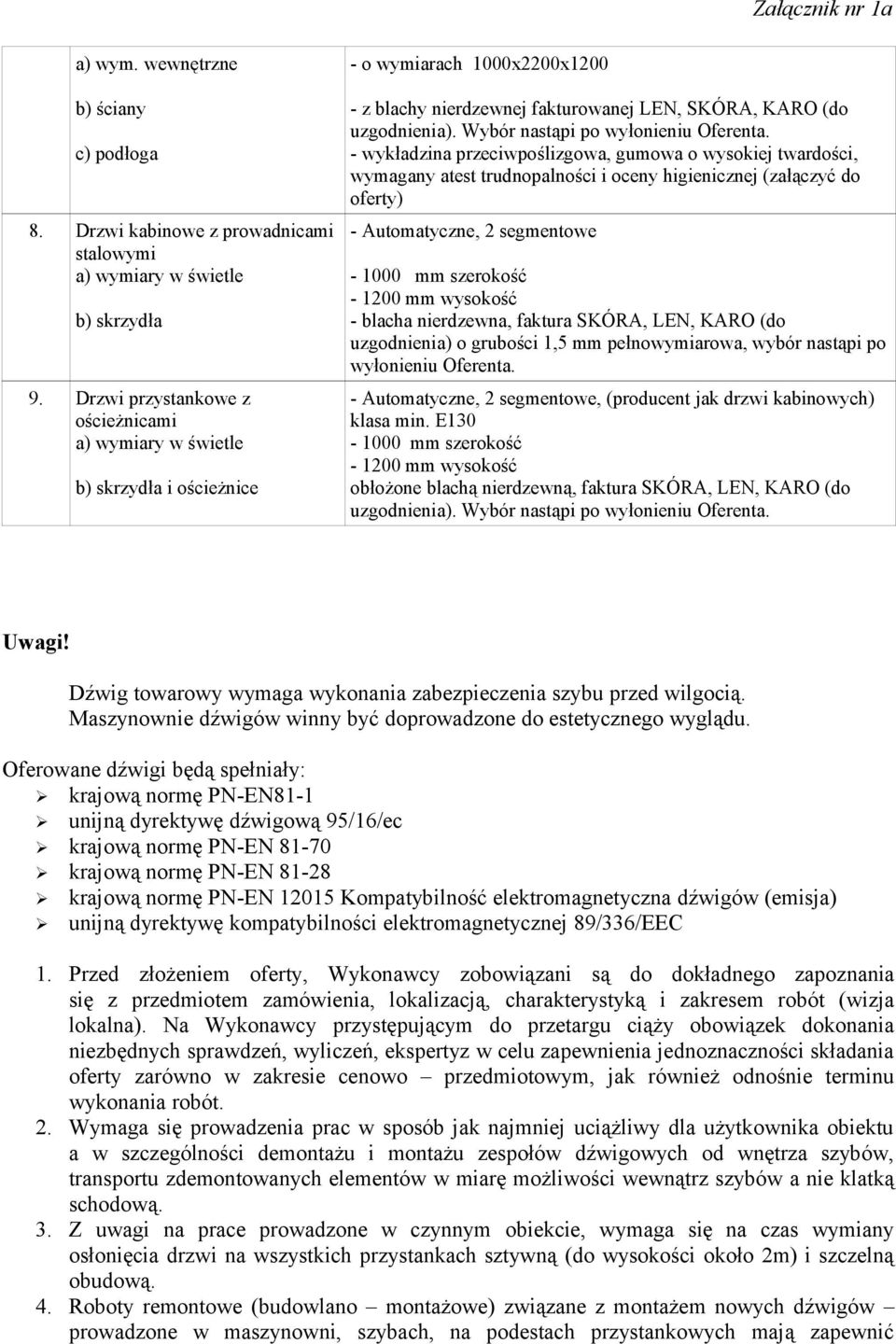 Oferenta. - 1000 mm szerokość - 1200 mm wysokość Uwagi! Dźwig towarowy wymaga wykonania zabezpieczenia szybu przed wilgocią. Maszynownie dźwigów winny być doprowadzone do estetycznego wyglądu.