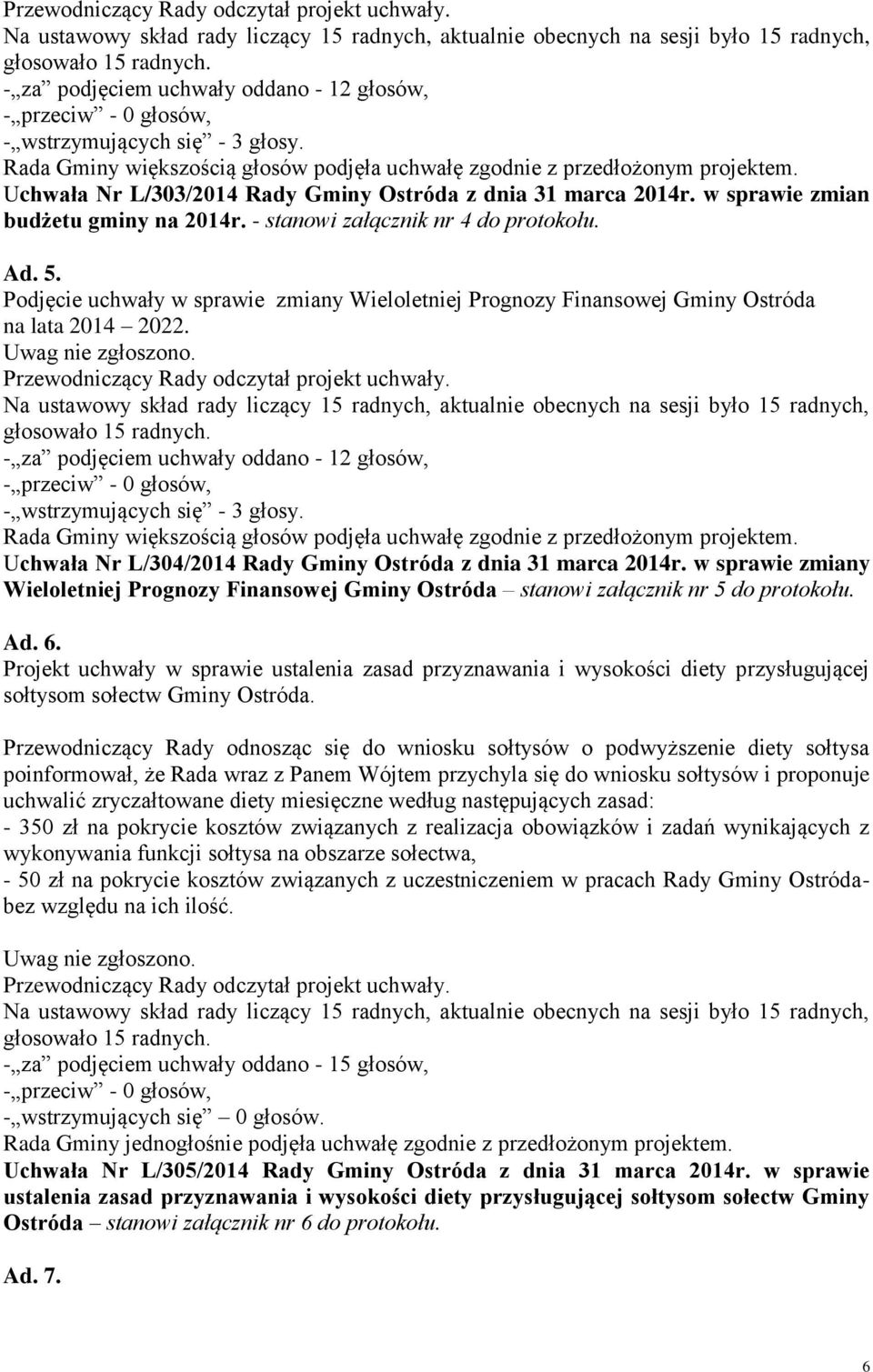 Podjęcie uchwały w sprawie zmiany Wieloletniej Prognozy Finansowej Gminy Ostróda na lata 2014 2022.  Uchwała Nr L/304/2014 Rady Gminy Ostróda z dnia 31 marca 2014r.
