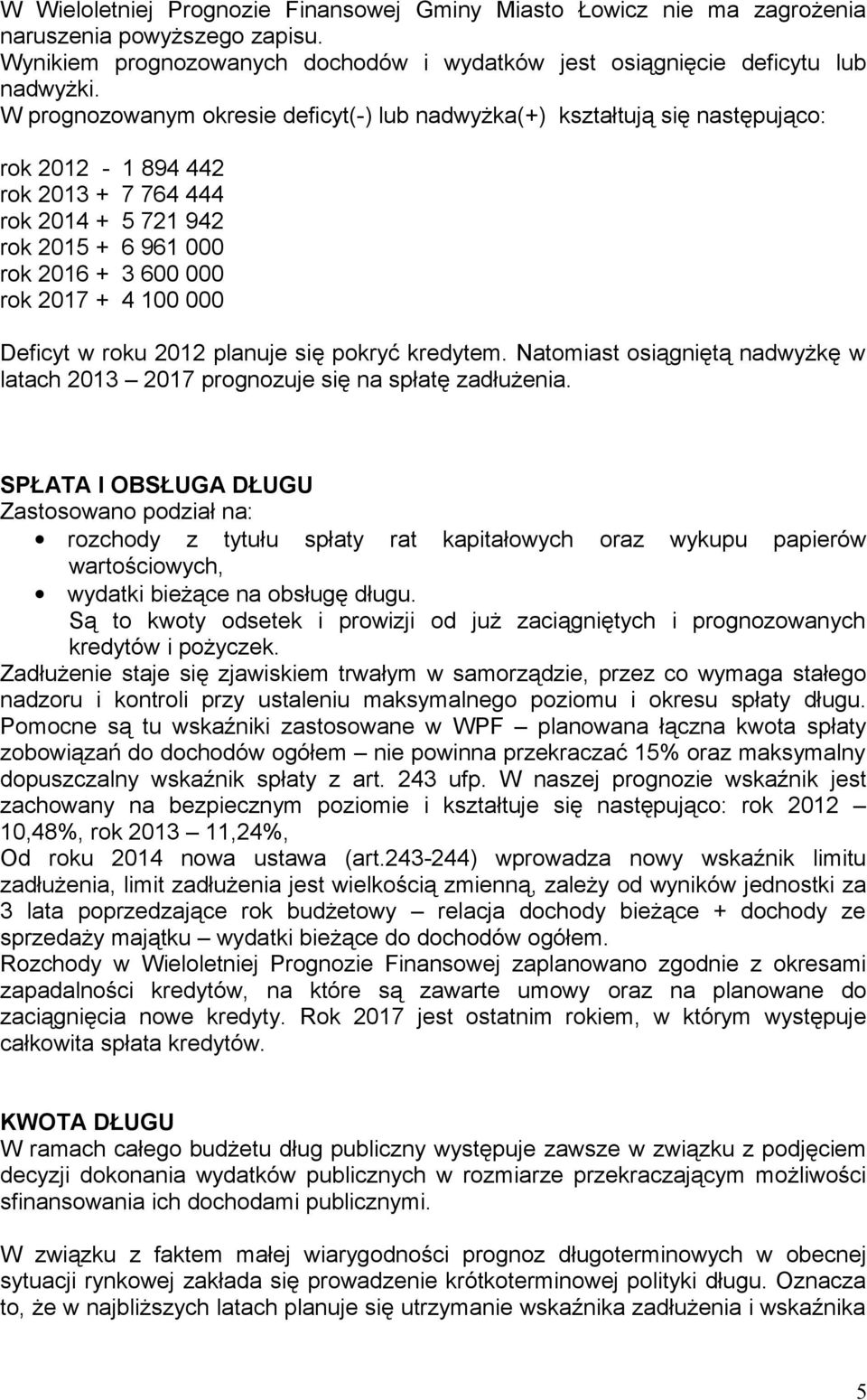 000 Deficyt w roku 2012 planuje się pokryć kredytem. Natomiast osiągniętą nadwyżkę w latach 2013 2017 prognozuje się na spłatę zadłużenia.