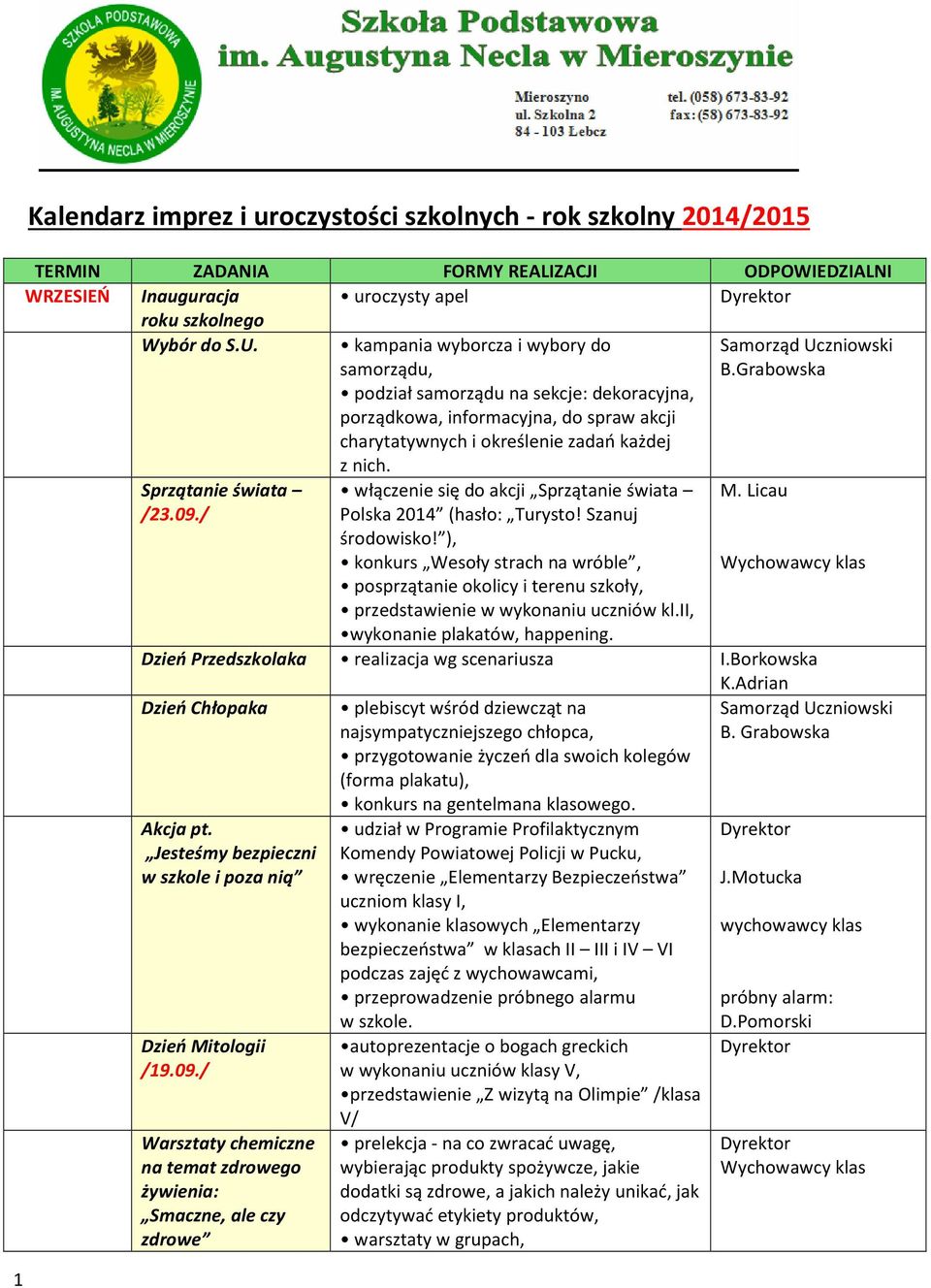 / włączenie się do akcji Sprzątanie świata Polska 2014 (hasło: Turysto! Szanuj środowisko!