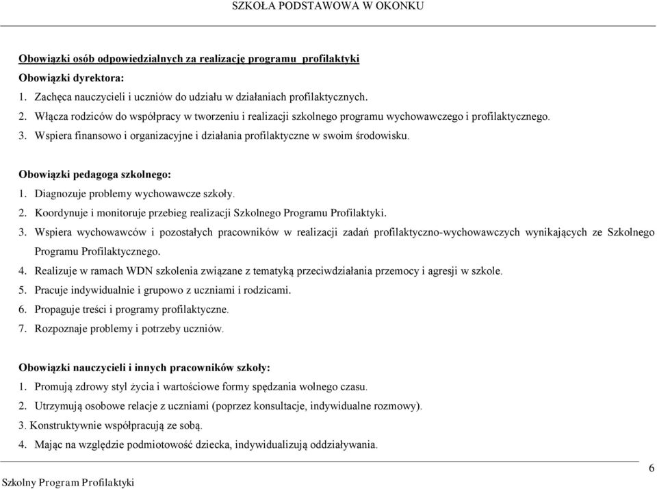 Obowiązki pedagoga szkolnego: 1. Diagnozuje problemy wychowawcze szkoły. 2. Koordynuje i monitoruje przebieg realizacji Szkolnego Programu Profilaktyki. 3.