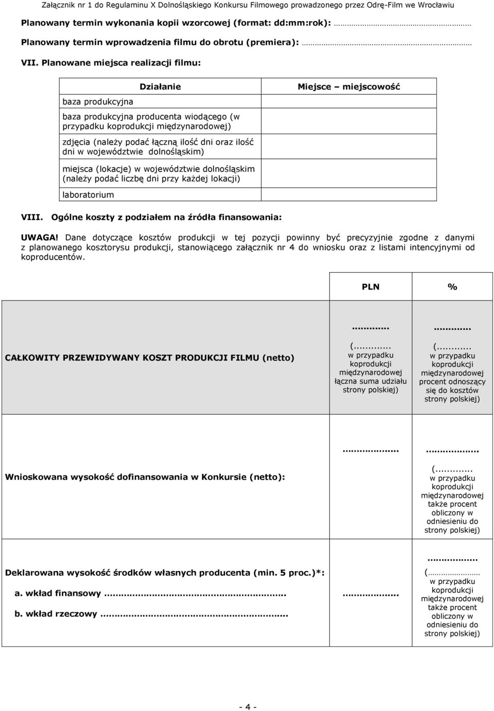 dni oraz ilość dni w województwie dolnośląskim) miejsca (lokacje) w województwie dolnośląskim (należy podać liczbę dni przy każdej lokacji) laboratorium VIII.