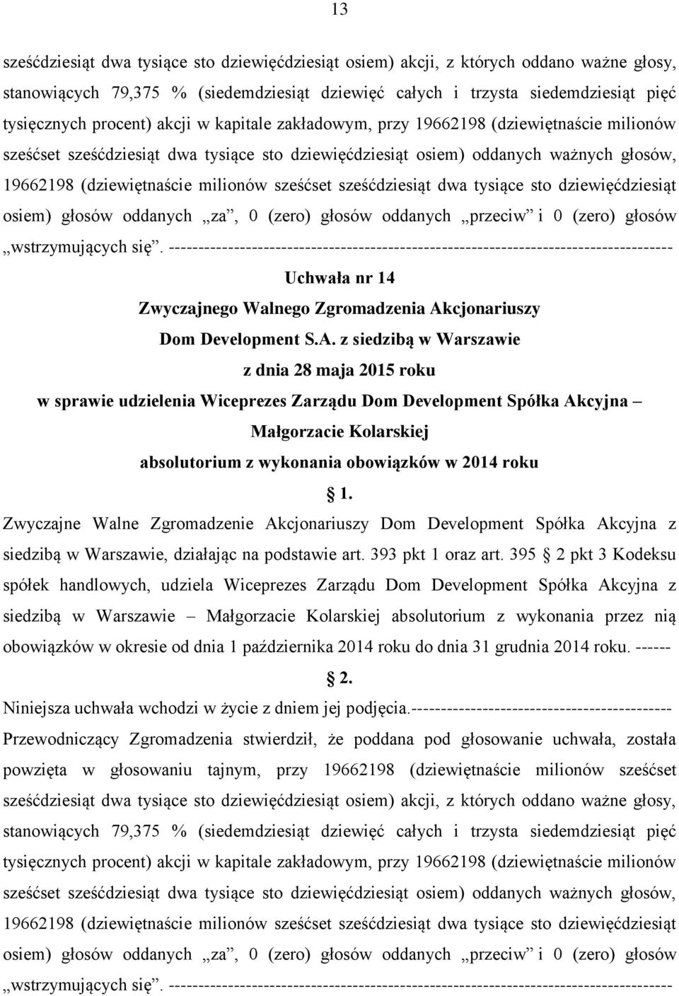 sześćdziesiąt dwa tysiące sto dziewięćdziesiąt osiem) głosów oddanych za, 0 (zero) głosów oddanych przeciw i 0 (zero) głosów wstrzymujących się.