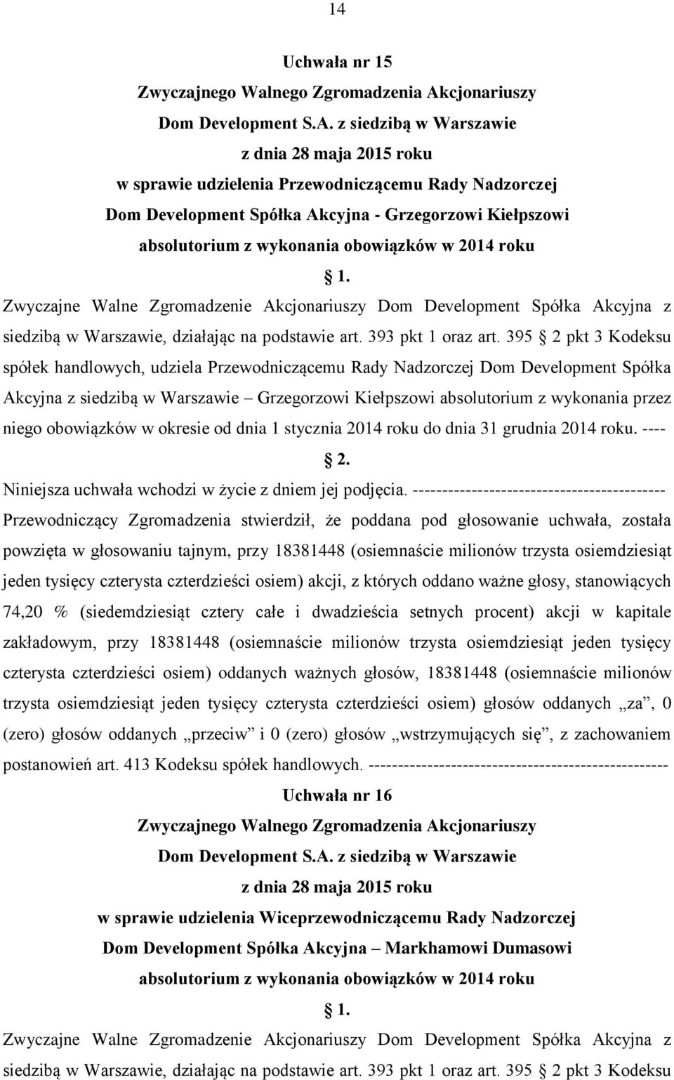 z siedzibą w Warszawie z dnia 28 maja 2015 roku w sprawie udzielenia Przewodniczącemu Rady Nadzorczej Dom Development Spółka Akcyjna - Grzegorzowi Kiełpszowi absolutorium z wykonania obowiązków w