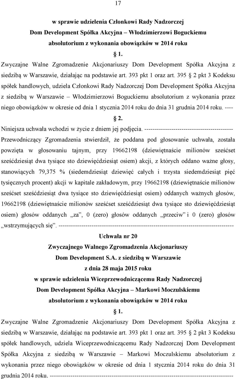 395 2 pkt 3 Kodeksu spółek handlowych, udziela Członkowi Rady Nadzorczej Dom Development Spółka Akcyjna z siedzibą w Warszawie Włodzimierzowi Boguckiemu absolutorium z wykonania przez niego