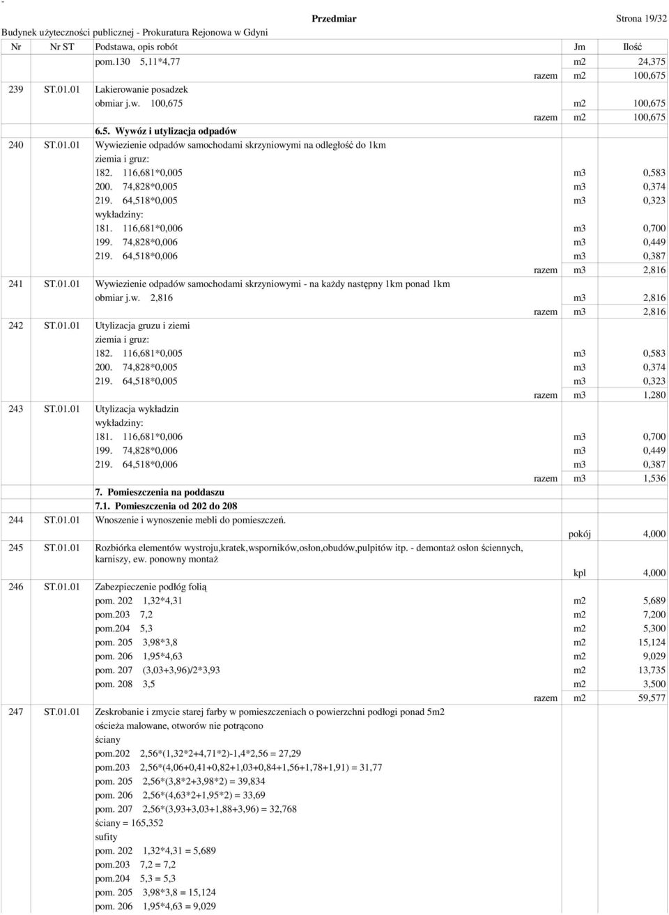 01 Wywiezienie odpadów samochodami skrzyniowymi - na kaŝdy następny 1km ponad 1km obmiar j.w. 2,816 m3 2,816 razem m3 2,816 242 ST.01.01 Utylizacja gruzu i ziemi ziemia i gruz: 182.