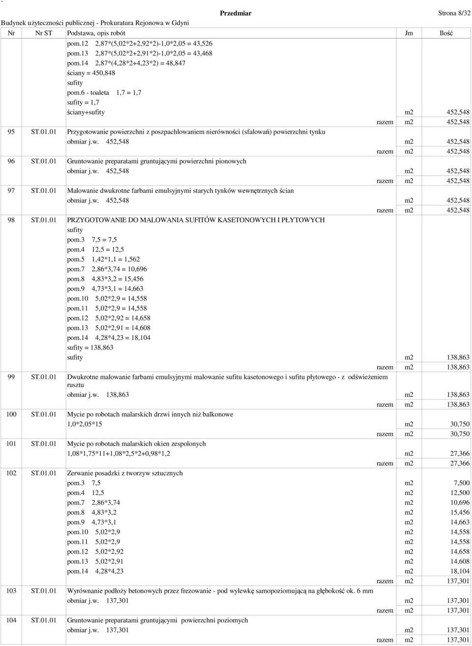 01.01 Gruntowanie preparatami gruntującymi powierzchni pionowych obmiar j.w. 452,548 m2 452,548 razem m2 452,548 97 ST.01.01 Malowanie dwukrotne farbami emulsyjnymi starych tynków wewnętrznych ścian obmiar j.