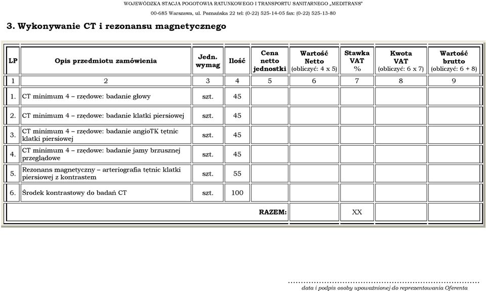 CT minimum 4 rzędowe: badanie głowy szt. 45 2. CT minimum 4 rzędowe: badanie klatki piersiowej szt. 45 3. 4. 5.