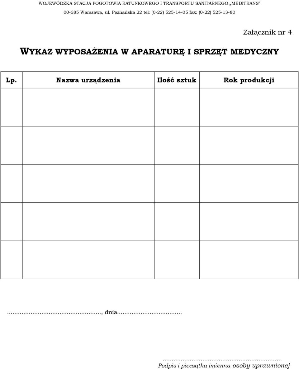 Nazwa urządzenia Ilość sztuk Rok produkcji.