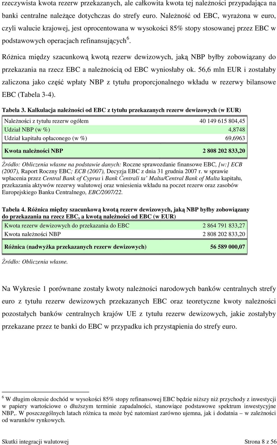 RóŜnica między szacunkową kwotą rezerw dewizowych, jaką NBP byłby zobowiązany do przekazania na rzecz EBC a naleŝnością od EBC wyniosłaby ok.