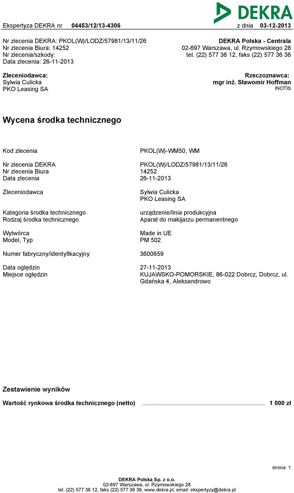 Sławomir Hoffman INOTIS Wycena środka technicznego Kod zlecenia PKOL(W)-WM50, WM Nr zlecenia DEKRA Nr zlecenia Biura Data zlecenia PKOL(W)/LODZ/57981/13/11/26 14252 26-11-2013 Zleceniodawca Sylwia