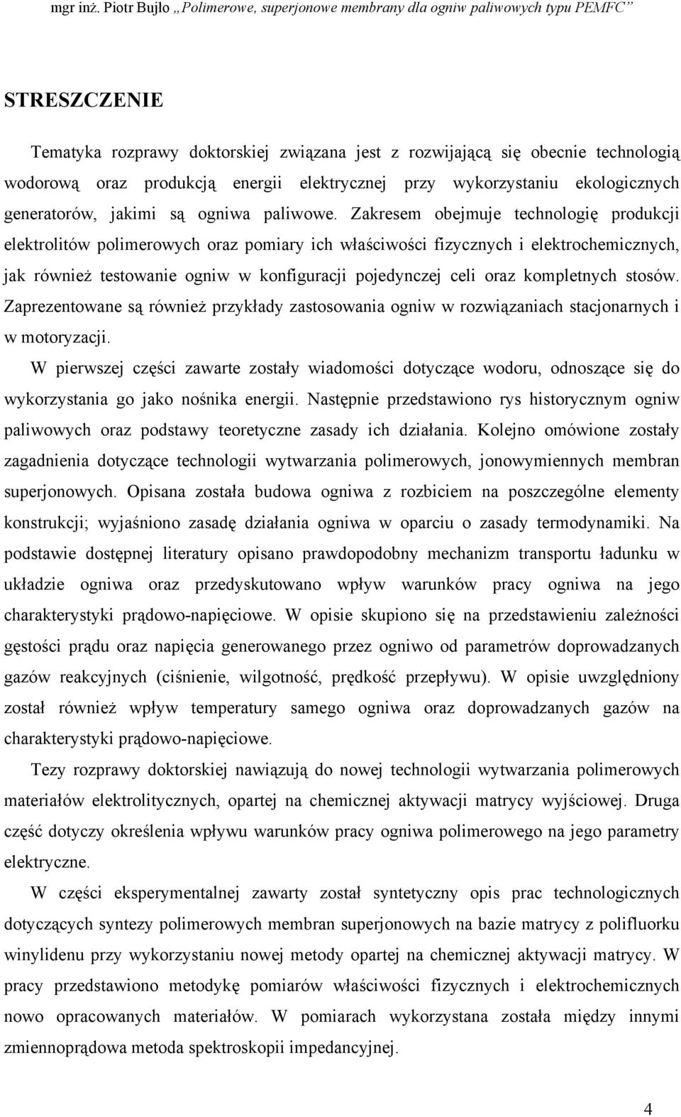 Zakresem obejmuje technologię produkcji elektrolitów polimerowych oraz pomiary ich właściwości fizycznych i elektrochemicznych, jak również testowanie ogniw w konfiguracji pojedynczej celi oraz