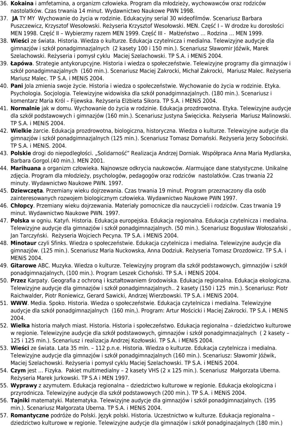 Część I W drodze ku dorosłości MEN 1998. Część II Wybierzmy razem MEN 1999. Część III - Małżeństwo Rodzina MEN 1999. 38. Wieści ze świata. Historia. Wiedza o kulturze. Edukacja czytelnicza i medialna.